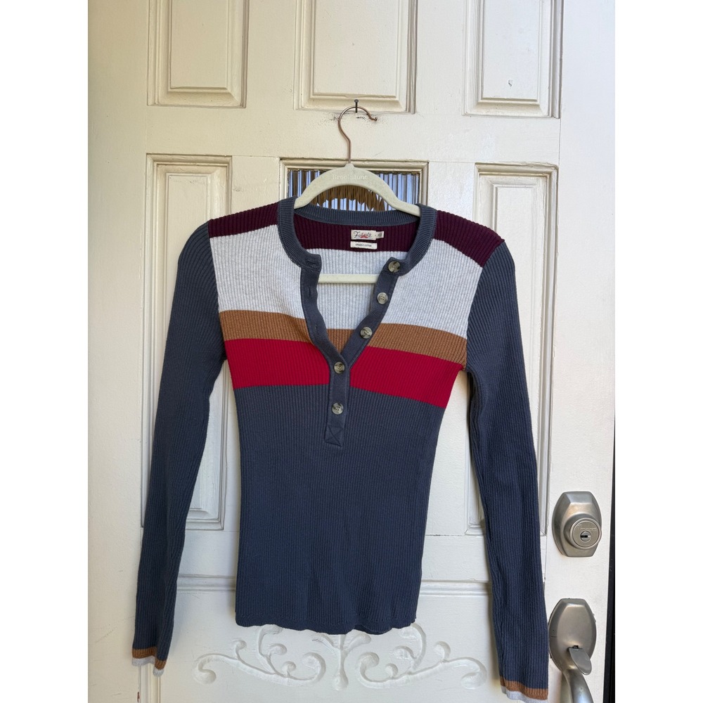 Faherty Organic Cotton Cashmere Ribbed Henley Striped Top Charcoal Multi Size XS